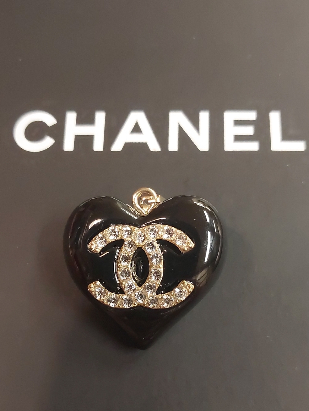 CC Black Heart Charm Pendant with Gold Crystal CC
